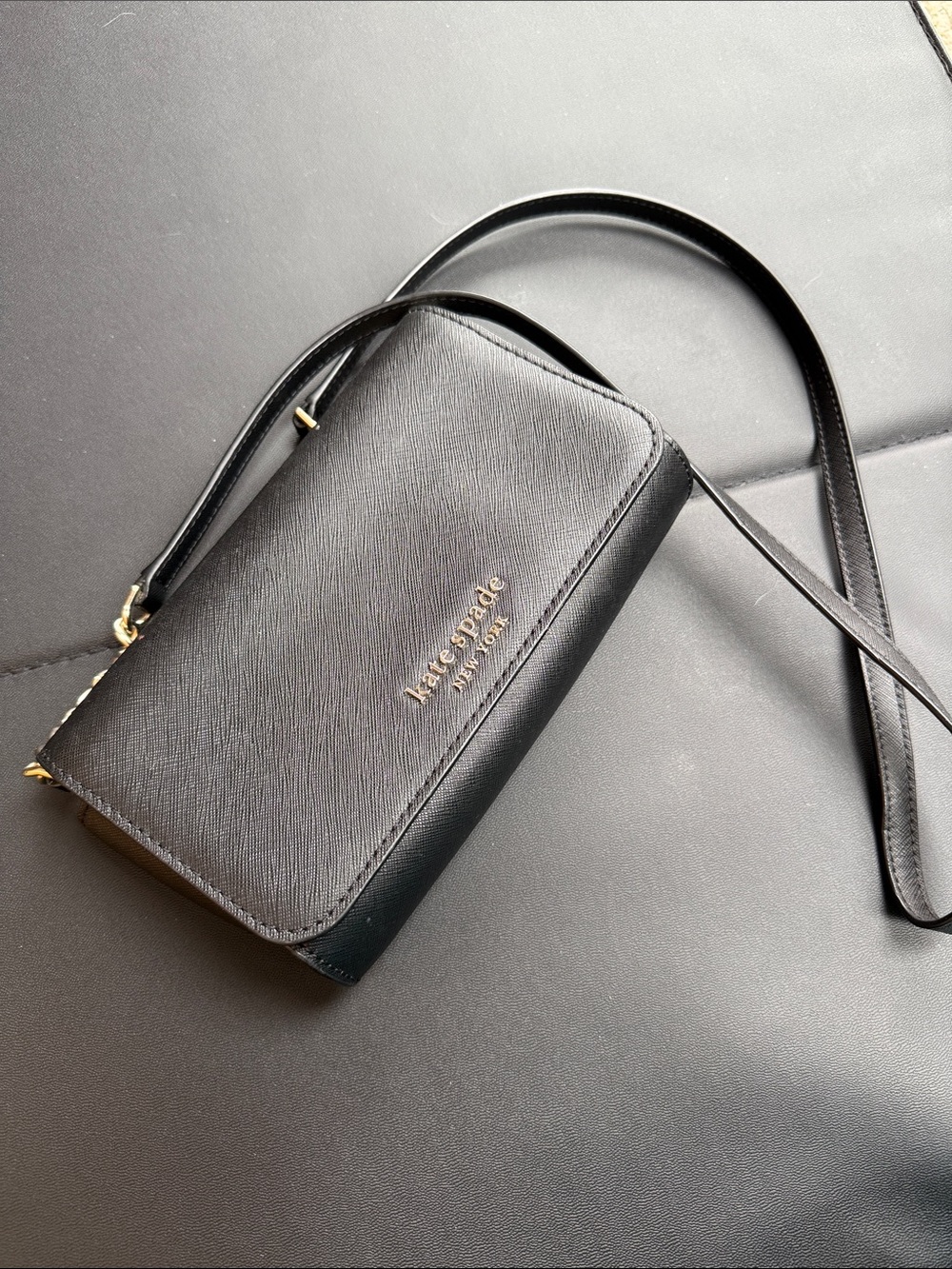 kate spade Black Textured Crossbody Wallet with Gold Logo